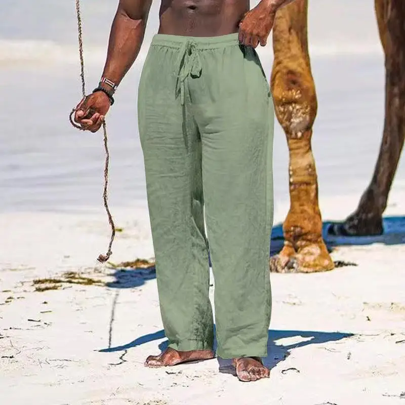 2025 Men's Wide Leg Linen Pants Light Blue — feature 26