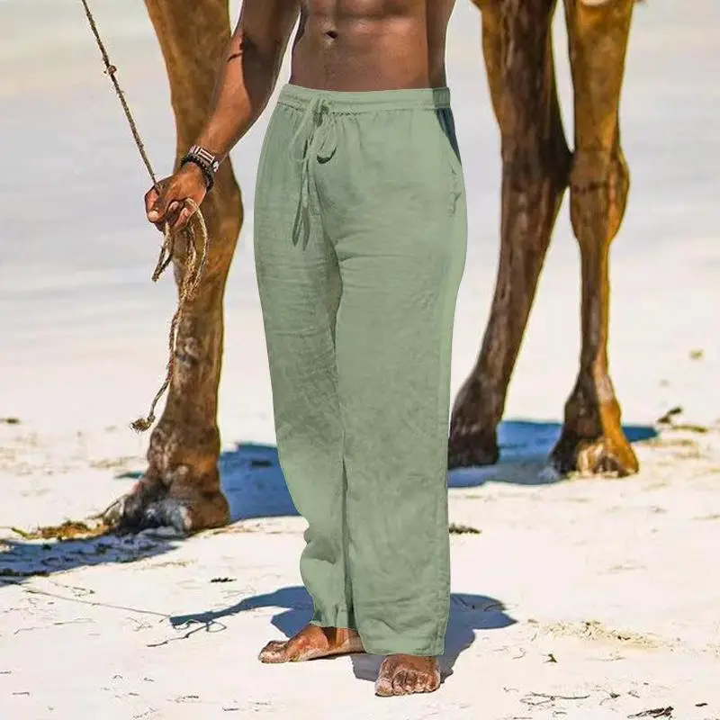 2025 Men's Wide Leg Linen Pants Light Blue — feature 27