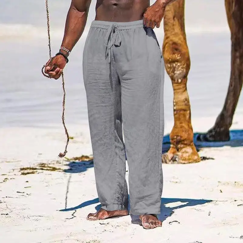 2025 Men's Wide Leg Linen Pants Light Blue — feature 29