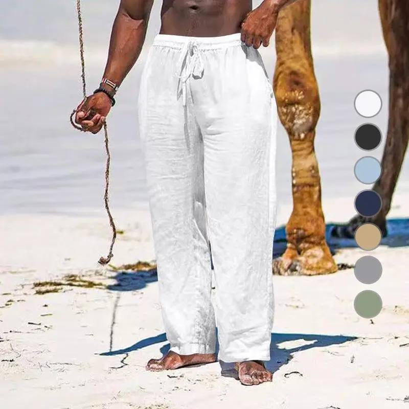 2025 Men's Wide Leg Linen Pants Light Blue — feature 3