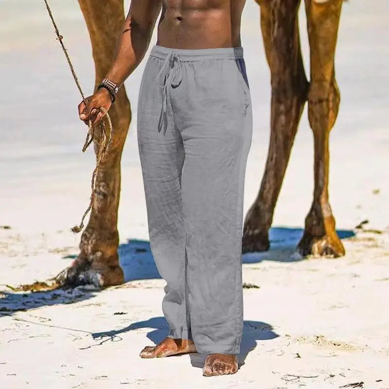 2025 Men's Wide Leg Linen Pants Light Blue — feature 30