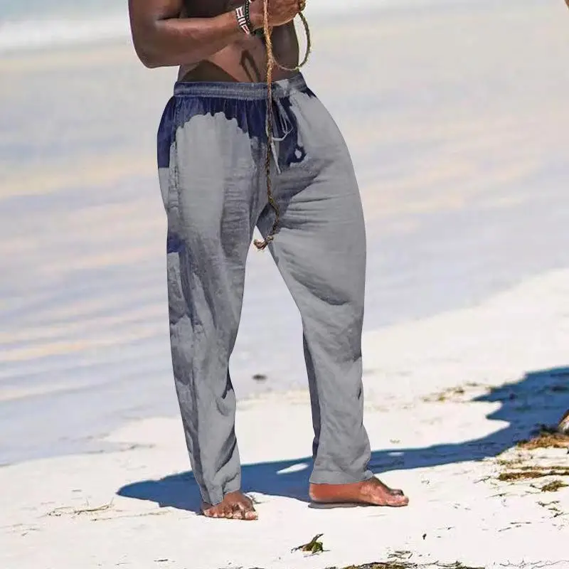 2025 Men's Wide Leg Linen Pants Light Blue — feature 31