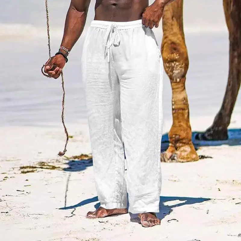 2025 Men's Wide Leg Linen Pants Light Blue — feature 4