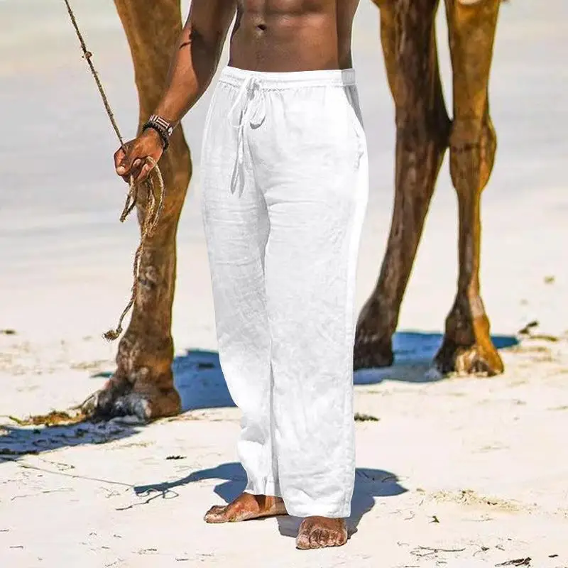2025 Men's Wide Leg Linen Pants Light Blue — feature 5