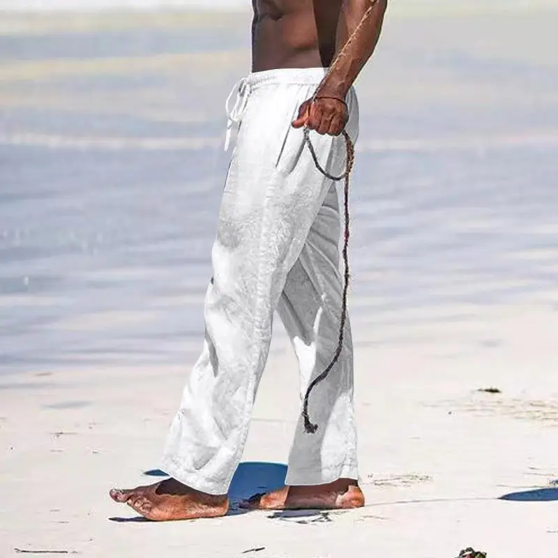 2025 Men's Wide Leg Linen Pants Light Blue — feature 7