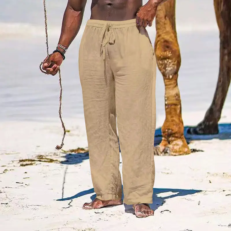 2025 Men's Wide Leg Linen Pants Light Blue - Image 4