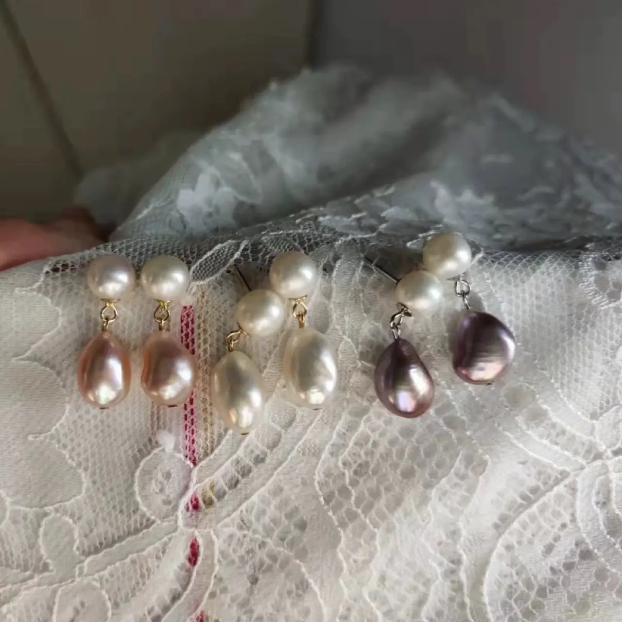 Natural Pearl Earrings White Pink Purple Round Beads - Image 4