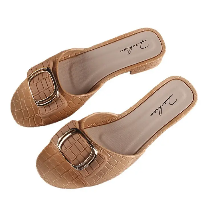 Women's summer new chunky heel slippers fashionable square buckle outer wear flat daily low heel sandals for women - Image 6
