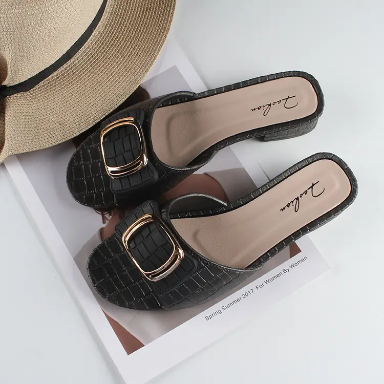 Women's summer new chunky heel slippers fashionable square buckle outer wear flat daily low heel sandals for women — feature 10