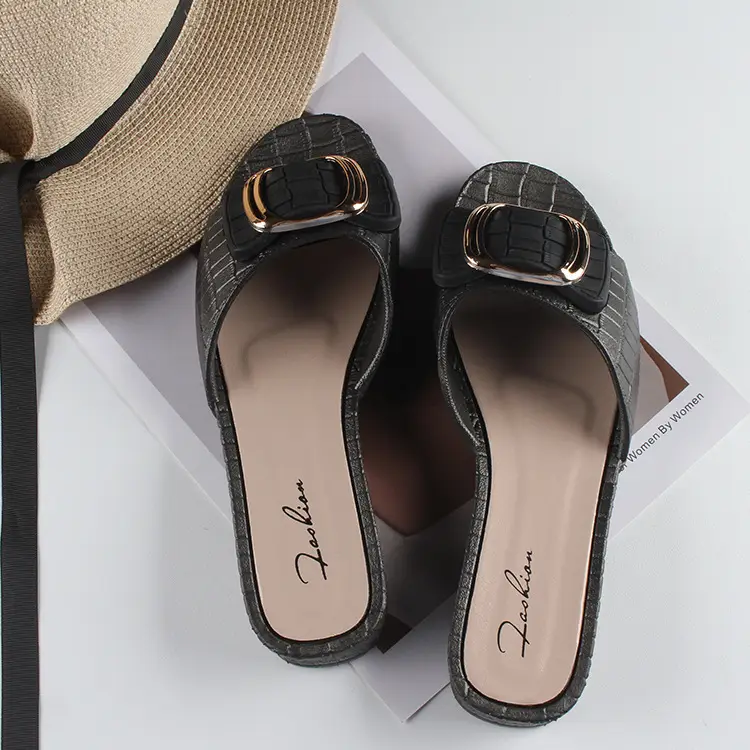 Women's summer new chunky heel slippers fashionable square buckle outer wear flat daily low heel sandals for women — feature 11