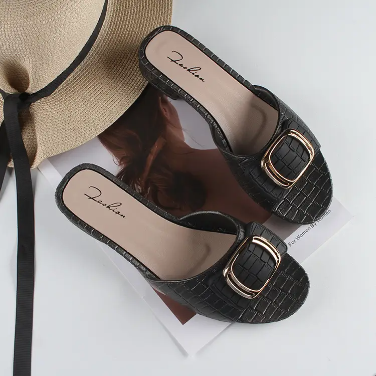 Women's summer new chunky heel slippers fashionable square buckle outer wear flat daily low heel sandals for women — feature 13