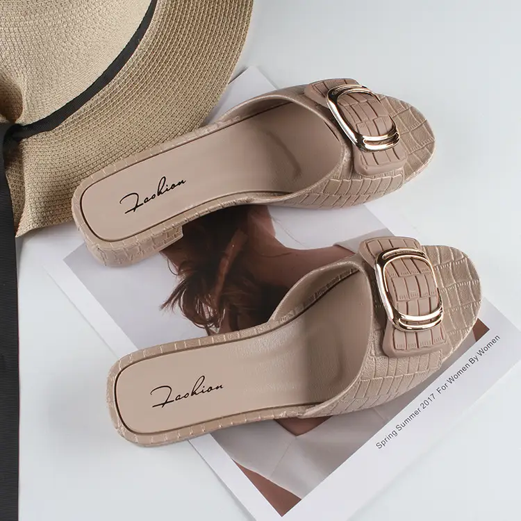 Women's summer new chunky heel slippers fashionable square buckle outer wear flat daily low heel sandals for women — feature 16