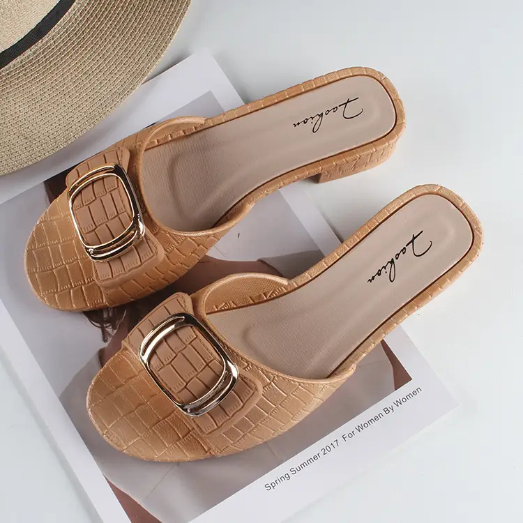 Women's summer new chunky heel slippers fashionable square buckle outer wear flat daily low heel sandals for women — feature 2