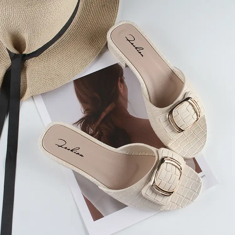 Women's summer new chunky heel slippers fashionable square buckle outer wear flat daily low heel sandals for women — feature 8