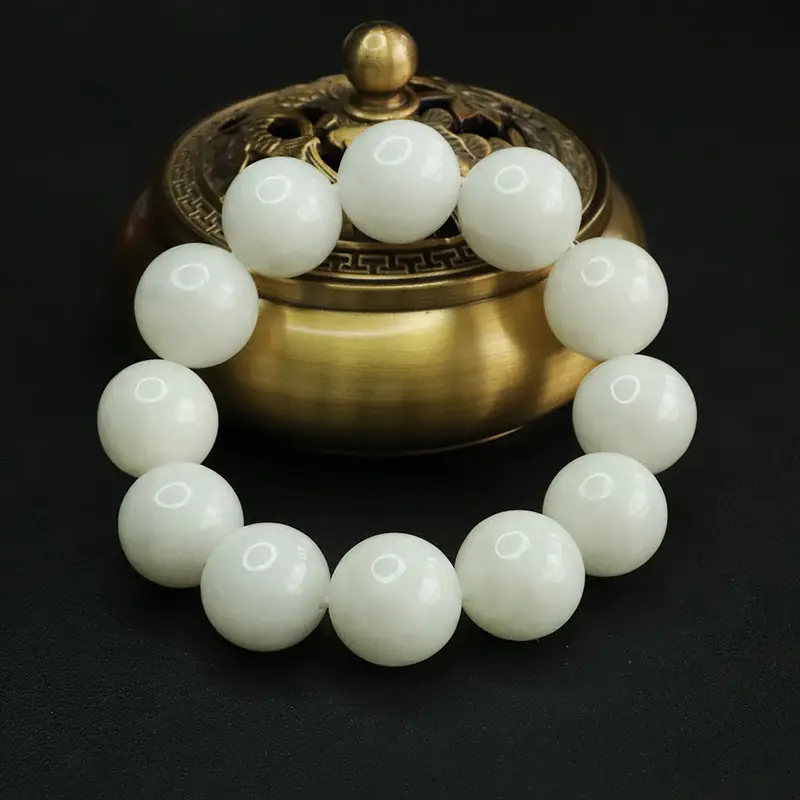Aiyu Natural Hetian Jade White Jade Bracelet Round Beads - Image 3
