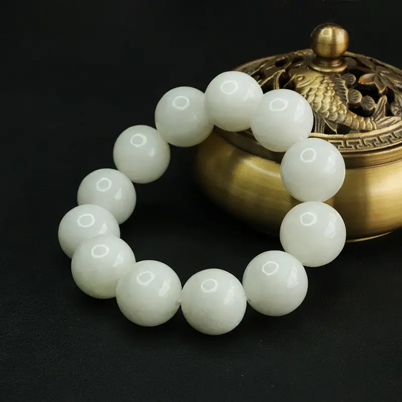 Aiyu Natural Hetian Jade White Jade Bracelet Round Beads - Image 4