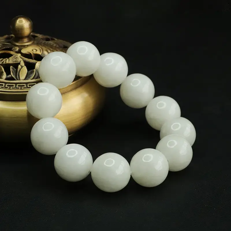 Aiyu Natural Hetian Jade White Jade Bracelet Round Beads - Image 5