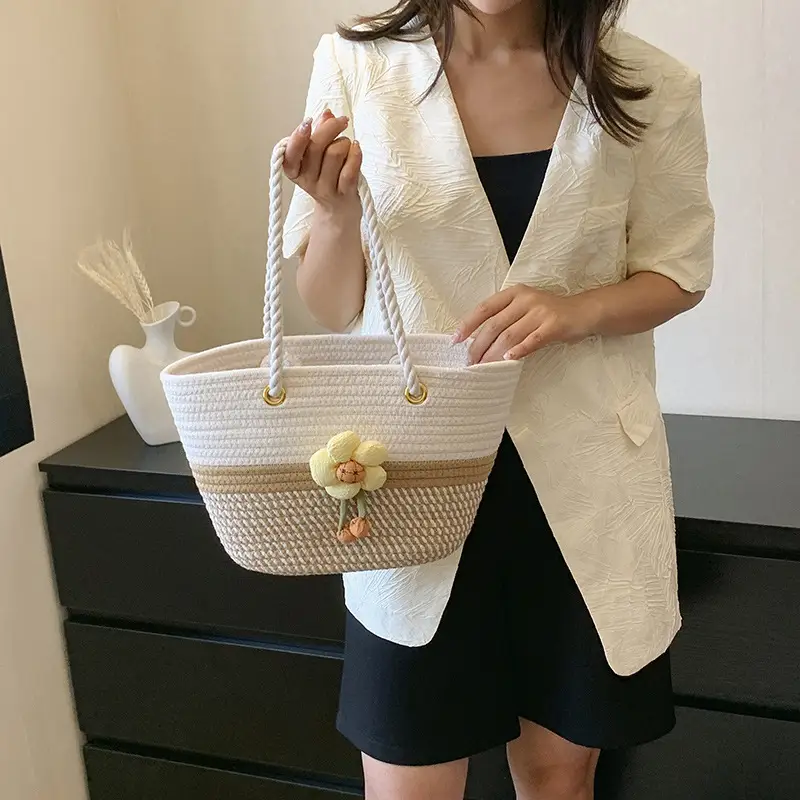 Women Woven Shoulder Bag Summer 2026 Beige Floral - Image 5