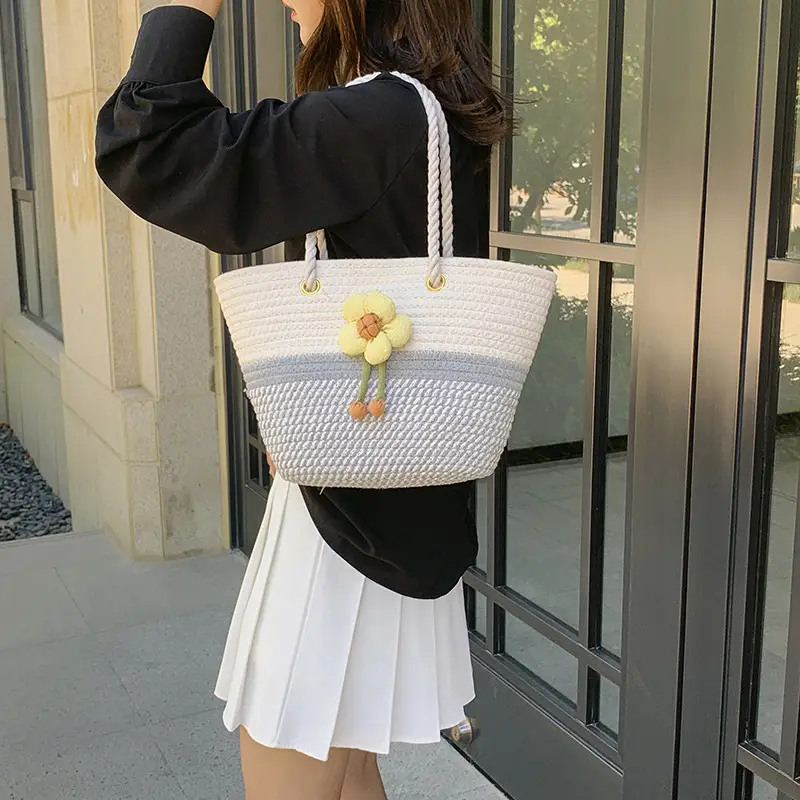 Women Woven Shoulder Bag Summer 2026 Beige Floral - Image 6