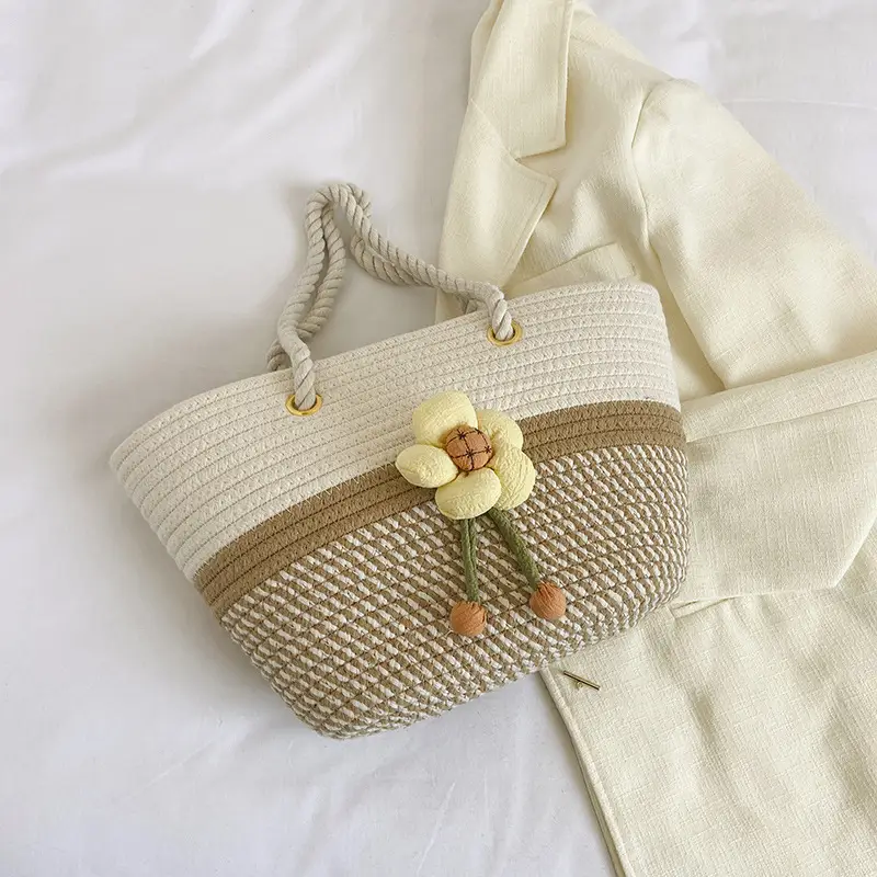 Women Woven Shoulder Bag Summer 2026 Beige Floral - Image 2