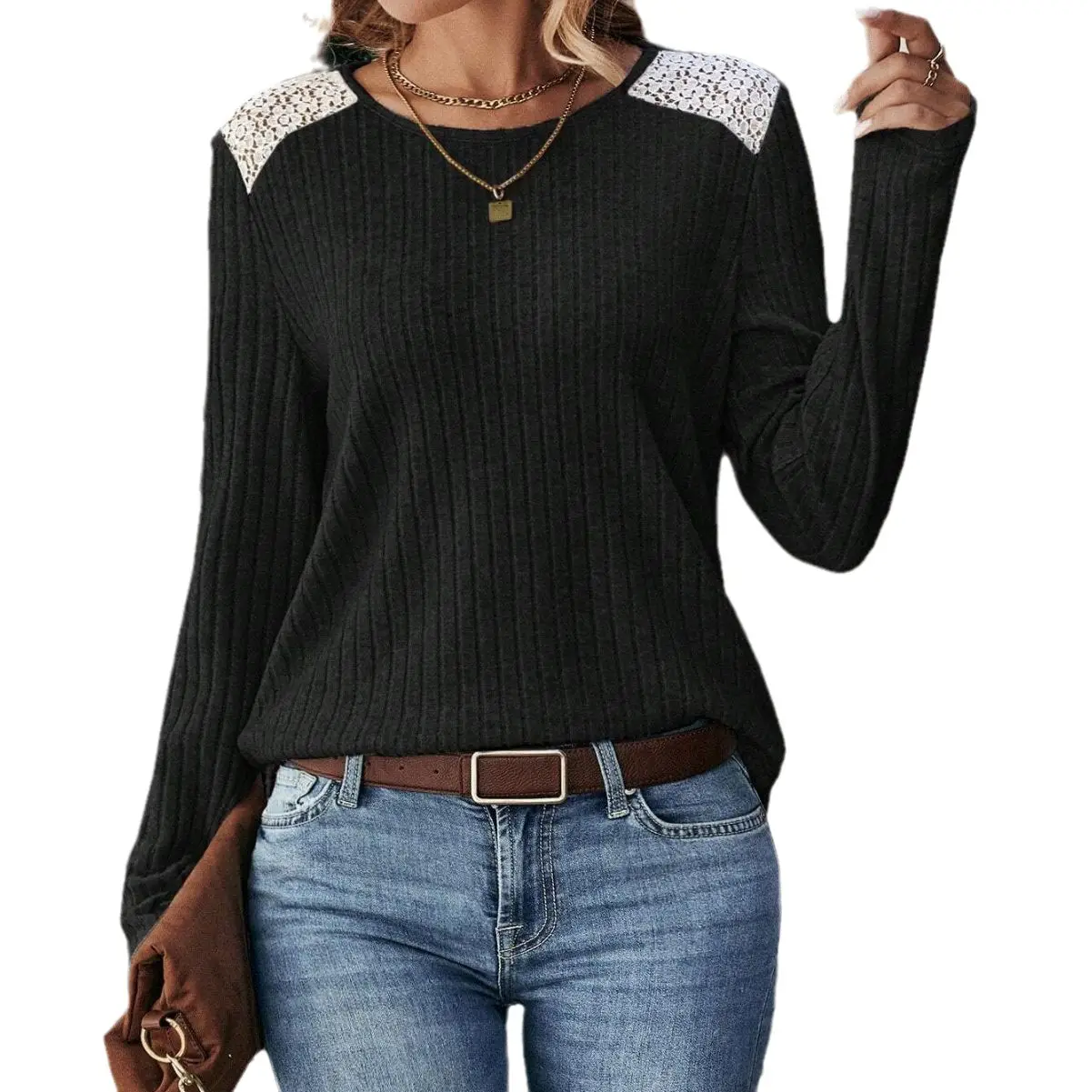 2026 Women's Long Sleeve Ribbed Top with Lace Trim - Image 10