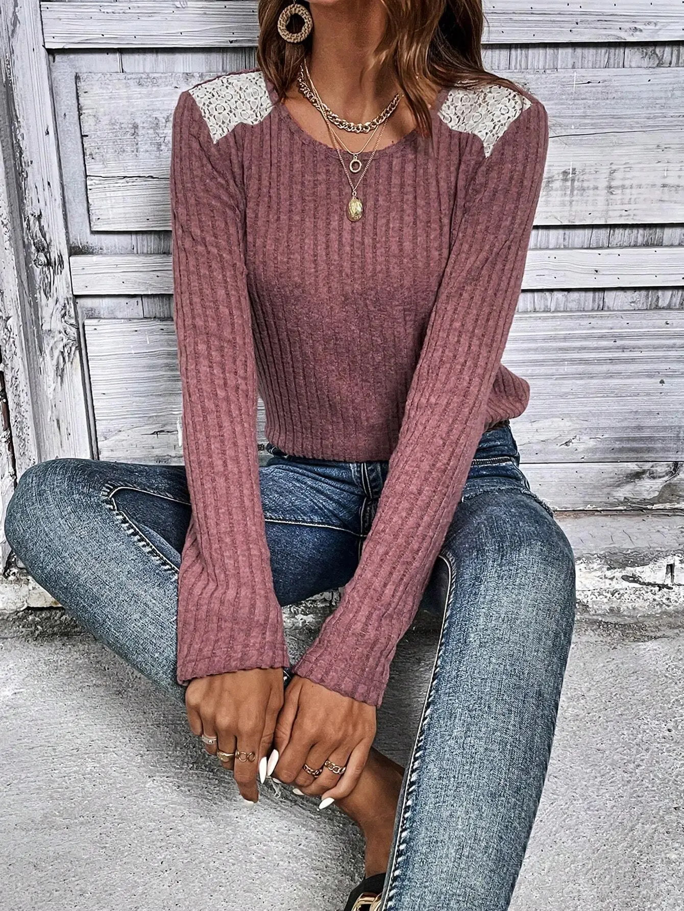 2026 Women's Long Sleeve Ribbed Top with Lace Trim — feature 35