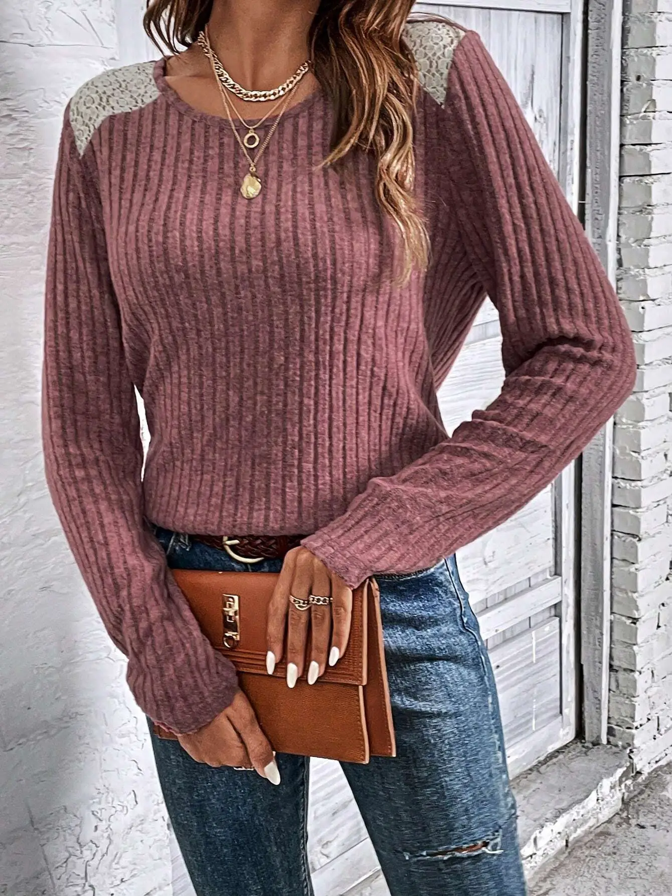 2026 Women's Long Sleeve Ribbed Top with Lace Trim — feature 36