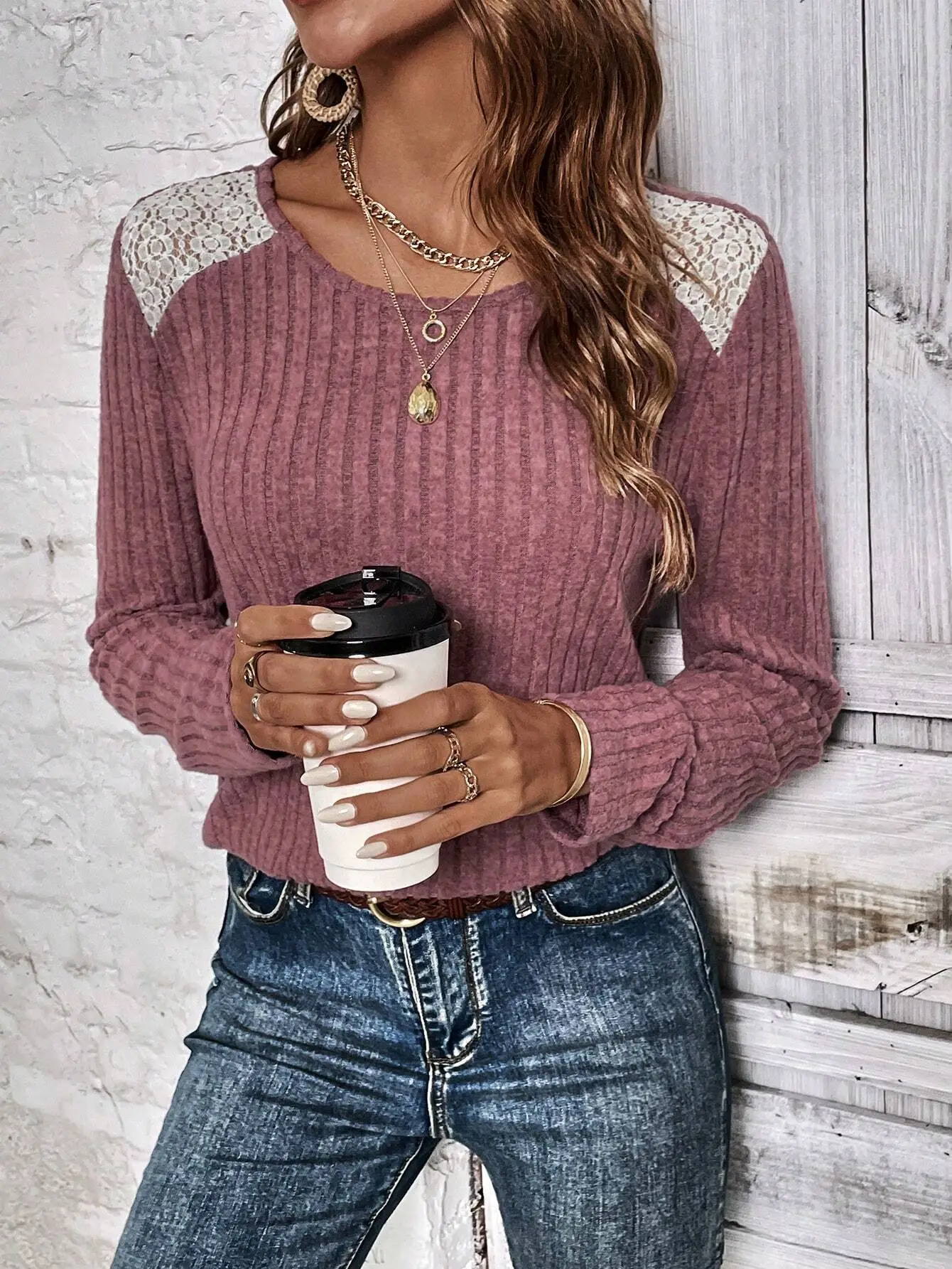 2026 Women's Long Sleeve Ribbed Top with Lace Trim — feature 39