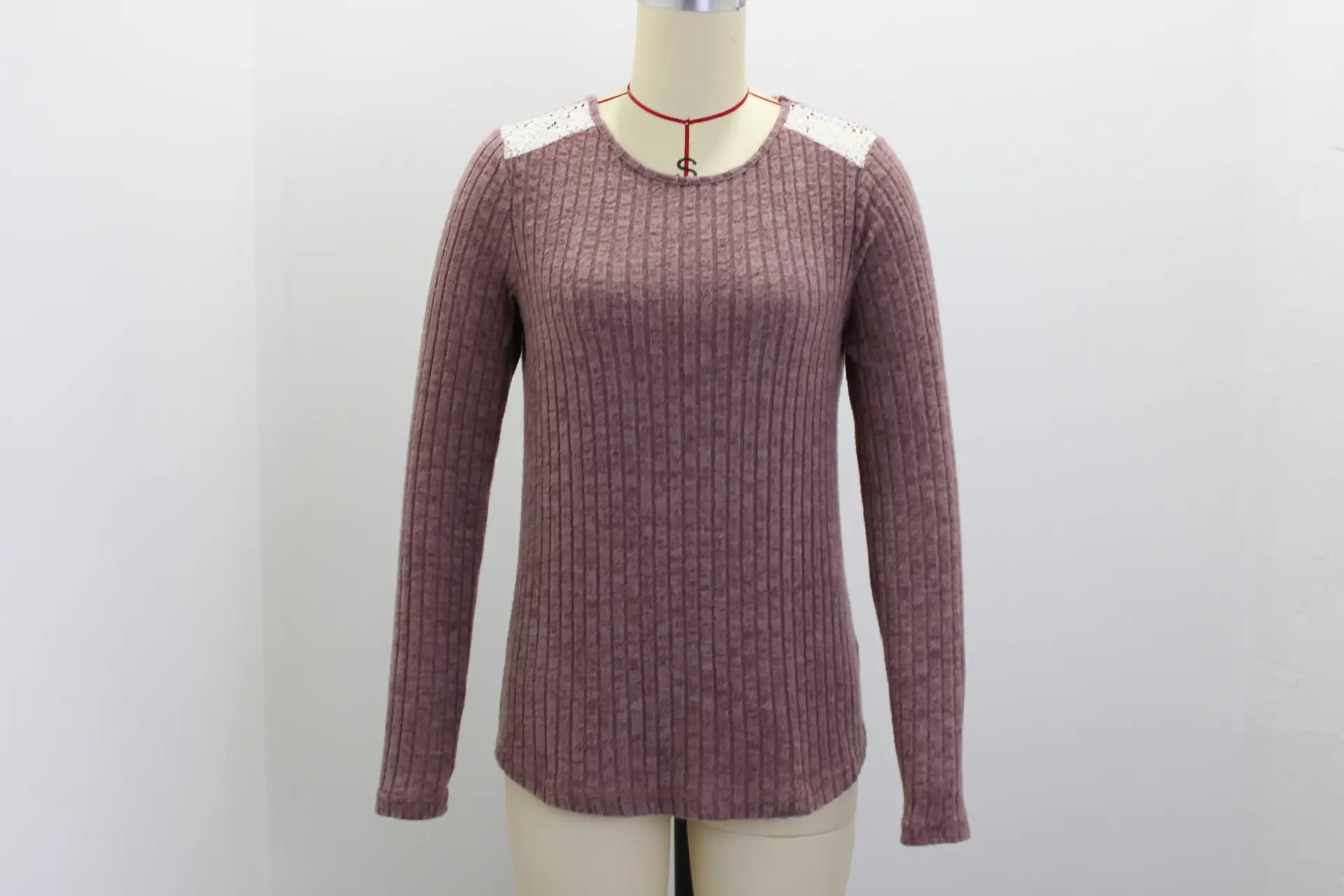 2026 Women's Long Sleeve Ribbed Top with Lace Trim — feature 47