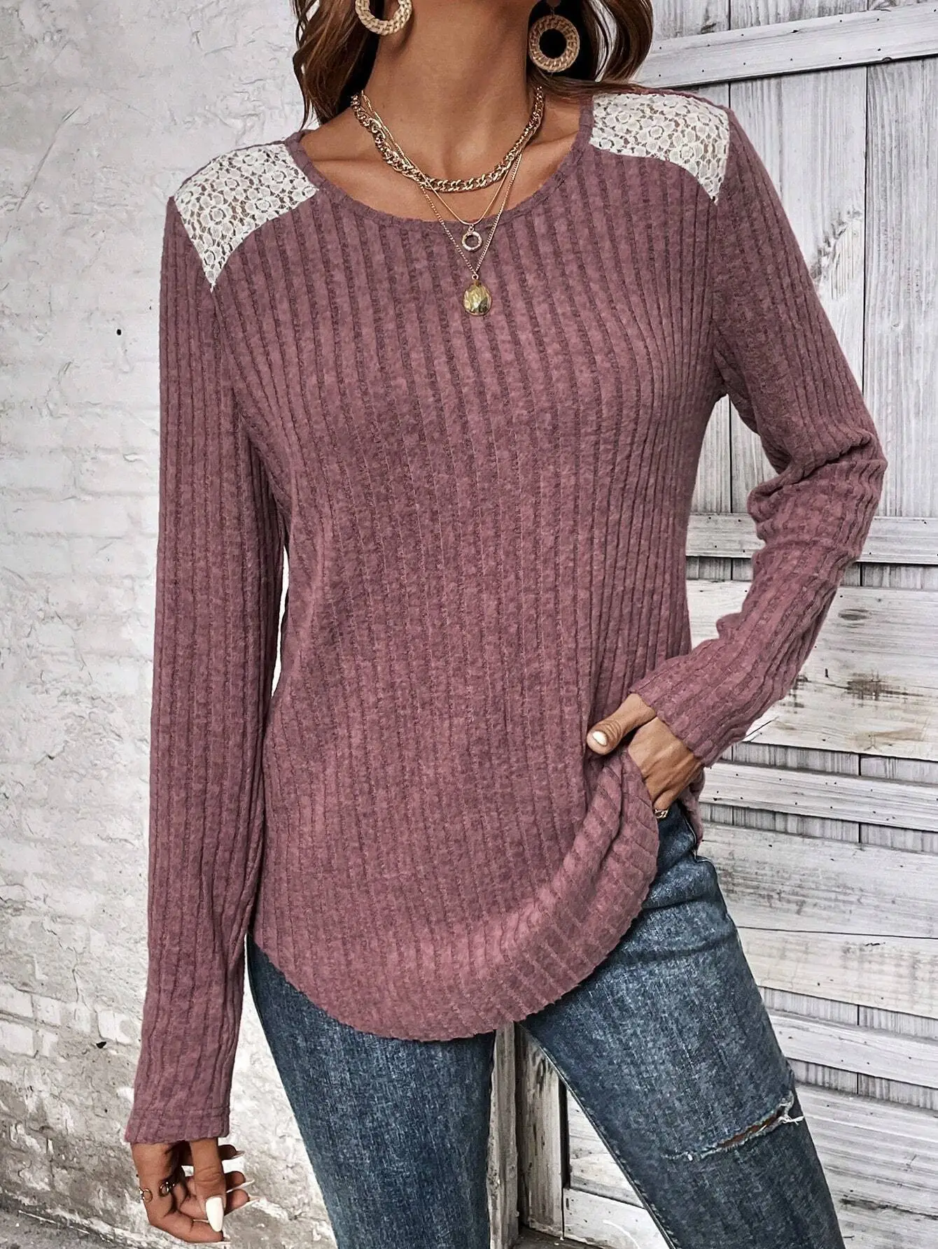 2026 Women's Long Sleeve Ribbed Top with Lace Trim - Image 3