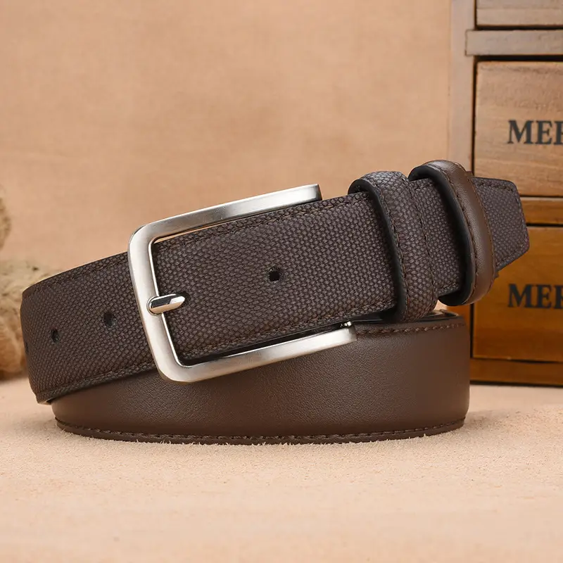 Men's Embossed Belt with Silver Buckle Brown PU Leather - Image 4