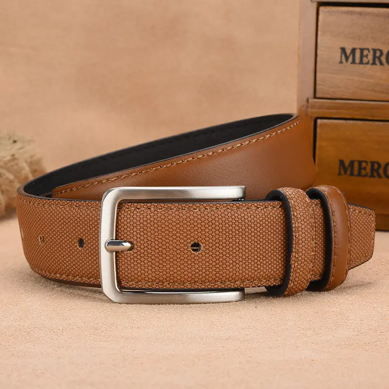 Men's Embossed Belt with Silver Buckle Brown PU Leather - Image 7