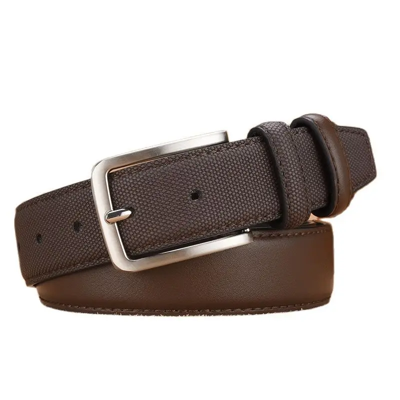 Men's Embossed Belt with Silver Buckle Brown PU Leather - Image 8