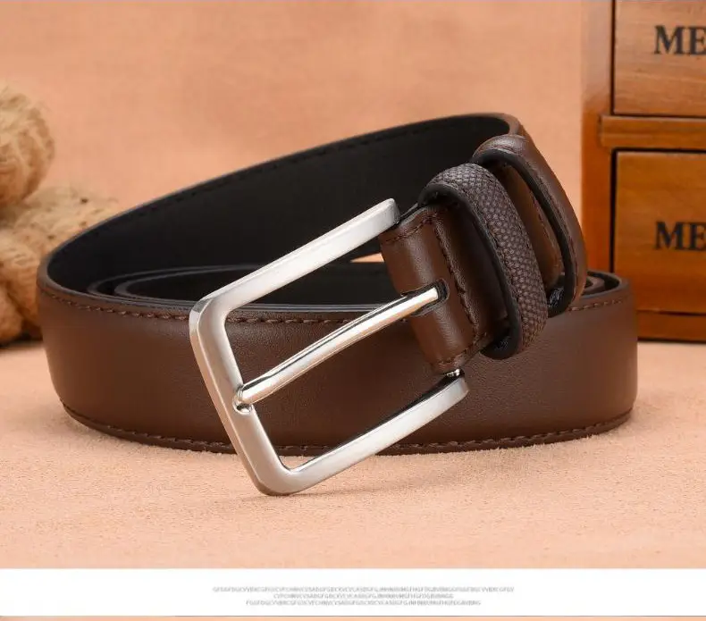 Men's Embossed Belt with Silver Buckle Brown PU Leather — feature 4