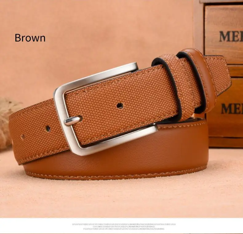 Men's Embossed Belt with Silver Buckle Brown PU Leather — feature 7