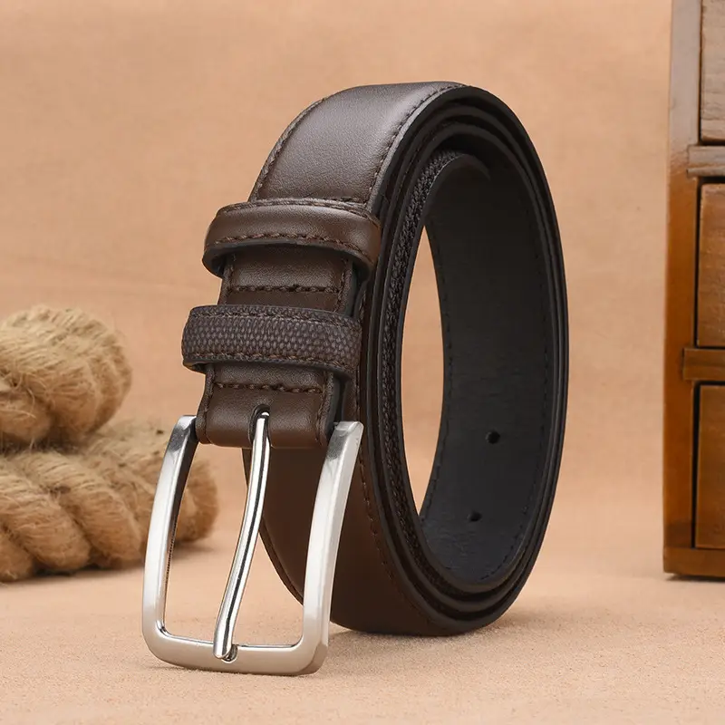 Men's Embossed Belt with Silver Buckle Brown PU Leather