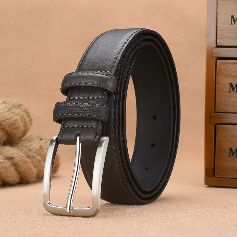 Men's Embossed Belt with Silver Buckle Brown PU Leather - Image 2