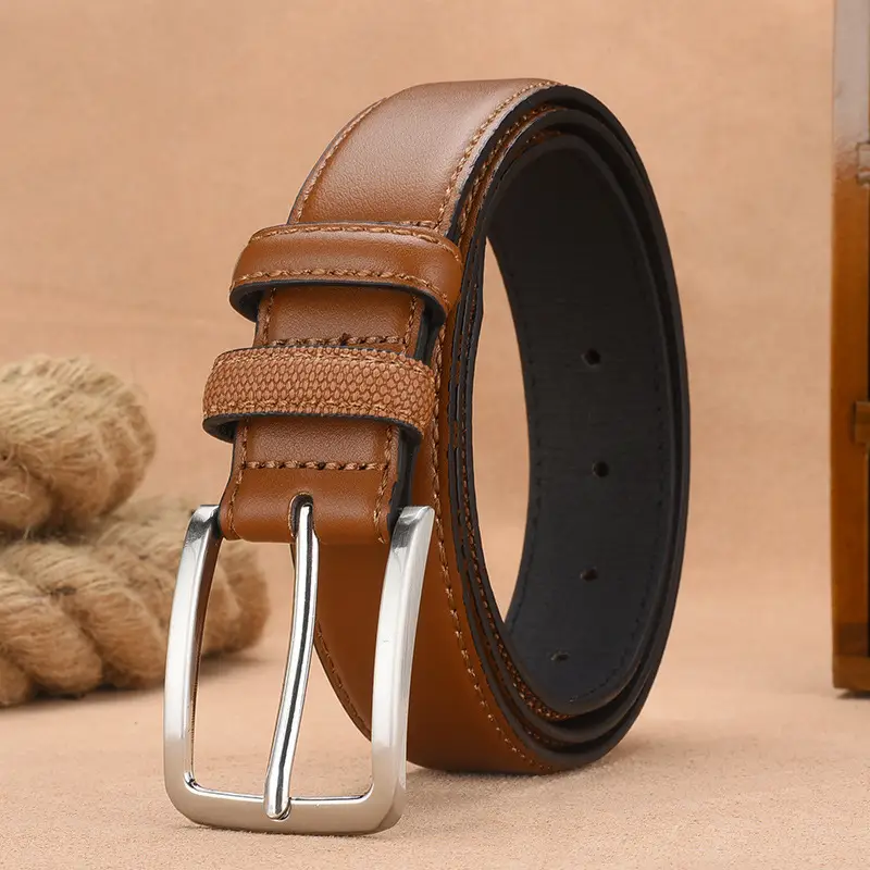 Men's Embossed Belt with Silver Buckle Brown PU Leather - Image 3