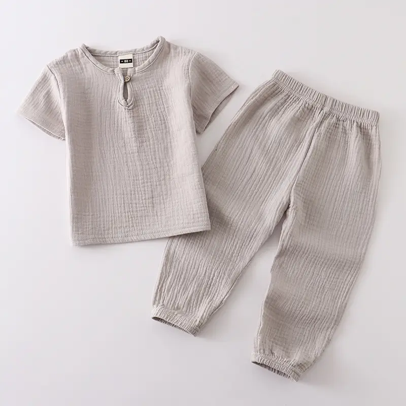 Children Cotton Linen Trouser Set White Button Short Sleeve Ethnic