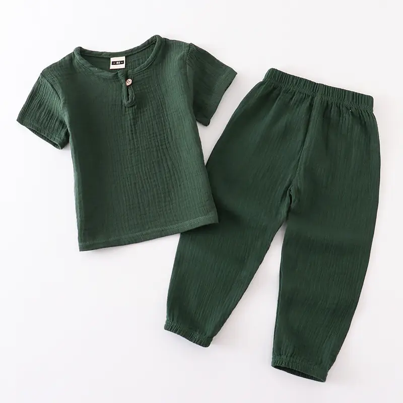 Children Cotton Linen Trouser Set White Button Short Sleeve Ethnic