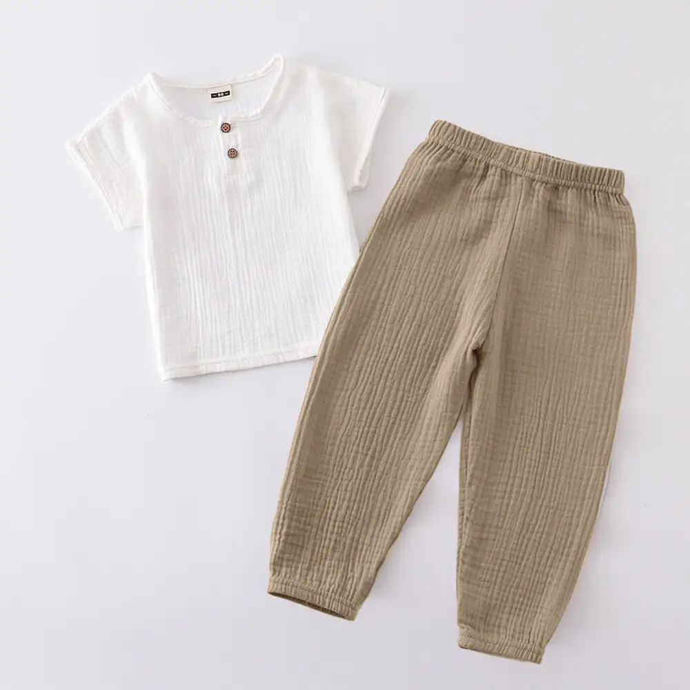 Children Cotton Linen Trouser Set White Button Short Sleeve Ethnic