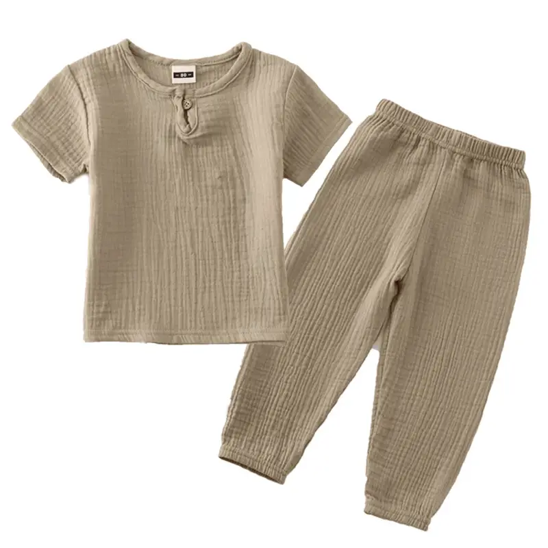 Children Cotton Linen Trouser Set White Button Short Sleeve Ethnic