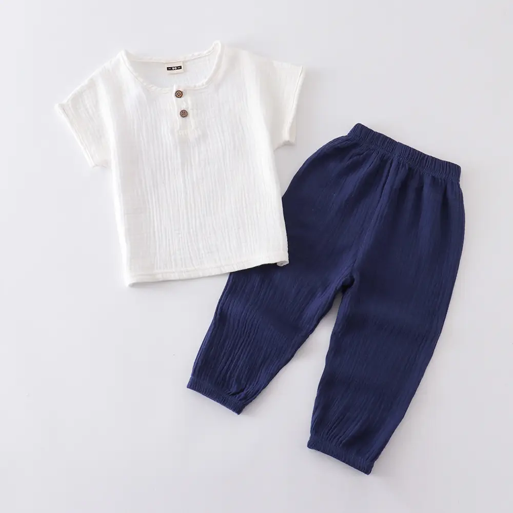 Children Cotton Linen Trouser Set White Button Short Sleeve Ethnic