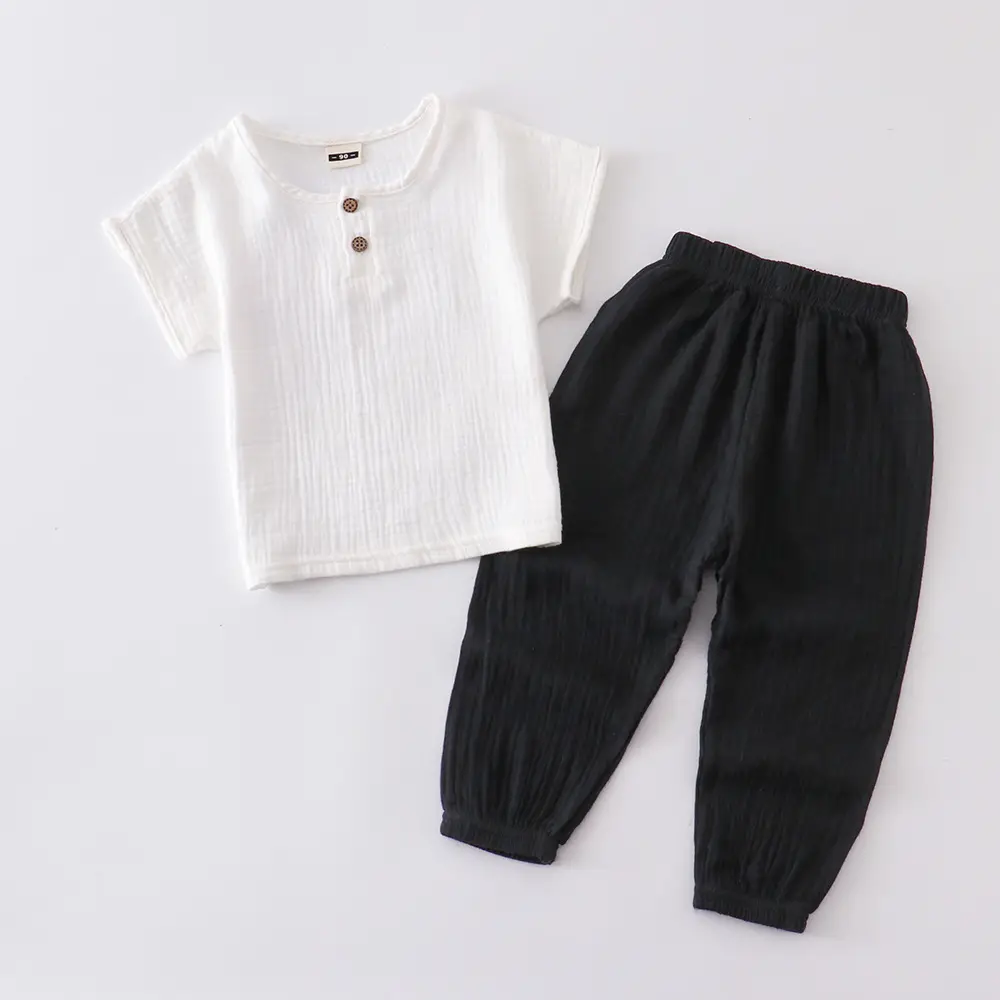 Children Cotton Linen Trouser Set White Button Short Sleeve Ethnic