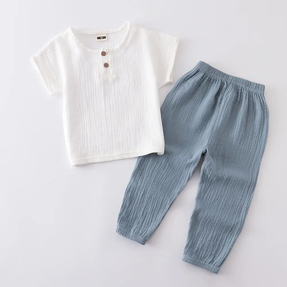 Children Cotton Linen Trouser Set White Button Short Sleeve Ethnic