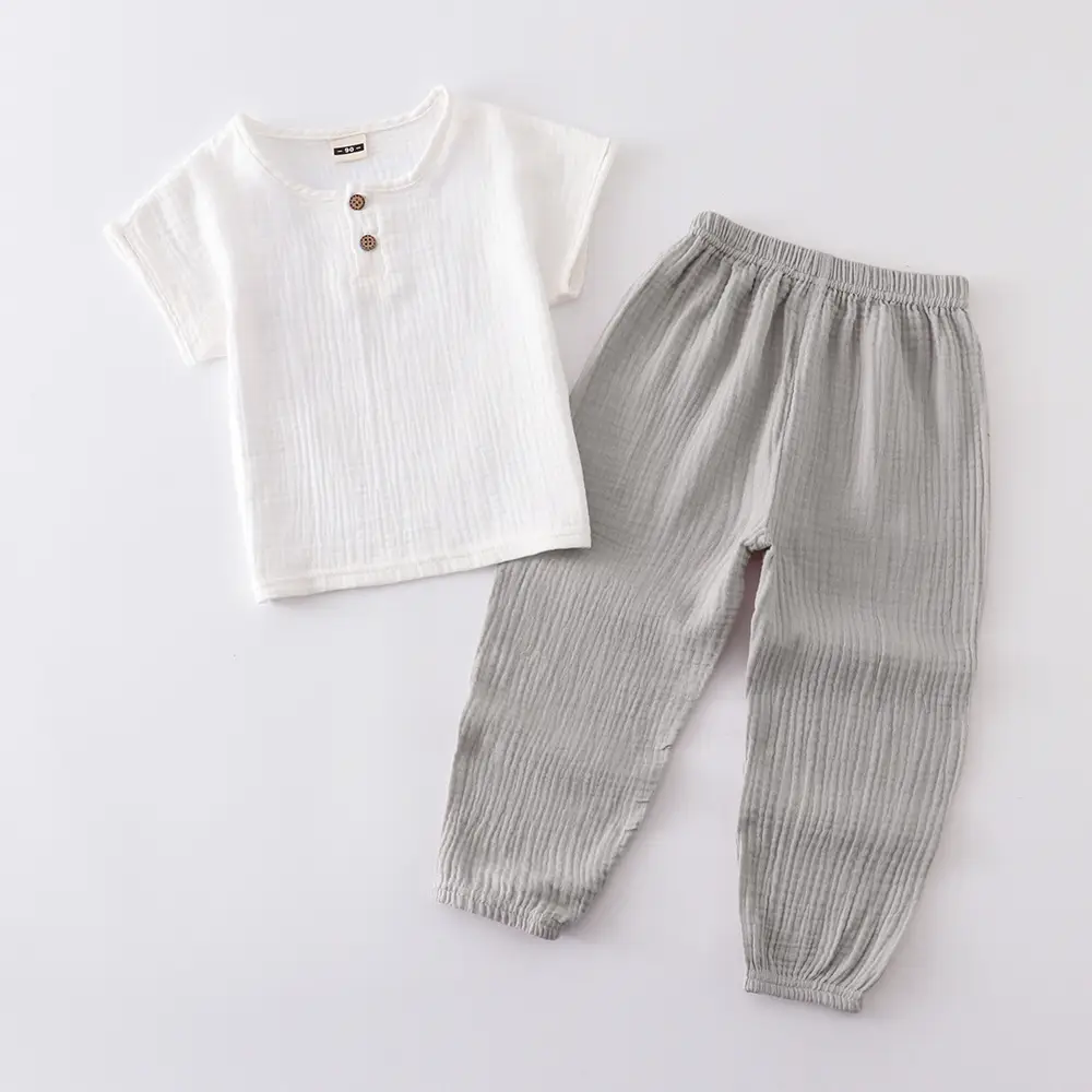 Children Cotton Linen Trouser Set White Button Short Sleeve Ethnic