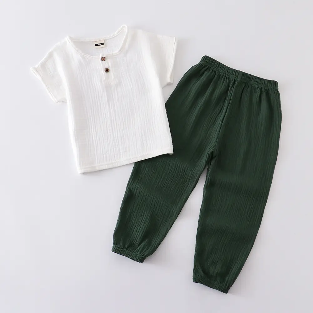 Children Cotton Linen Trouser Set White Button Short Sleeve Ethnic