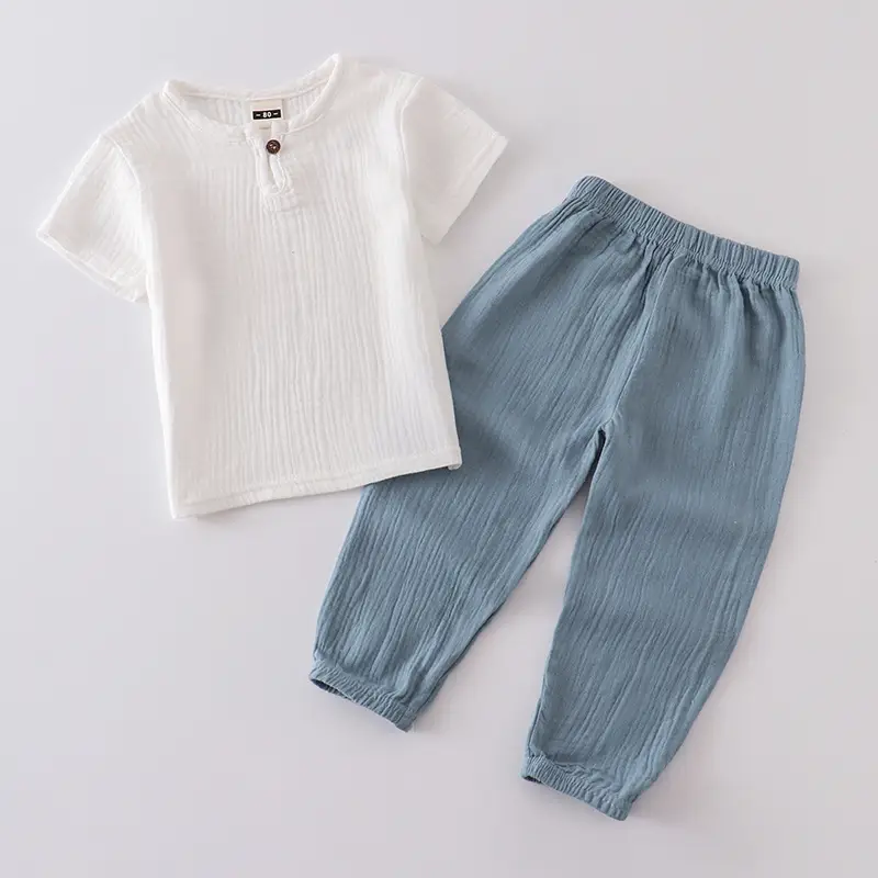 Children Cotton Linen Trouser Set White Button Short Sleeve Ethnic