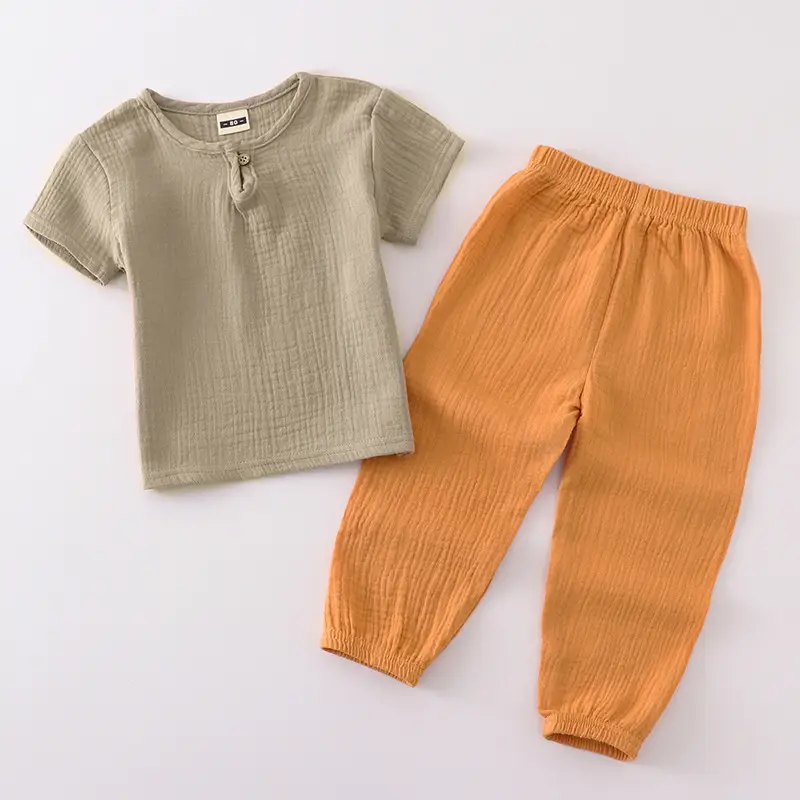 Children Cotton Linen Trouser Set White Button Short Sleeve Ethnic