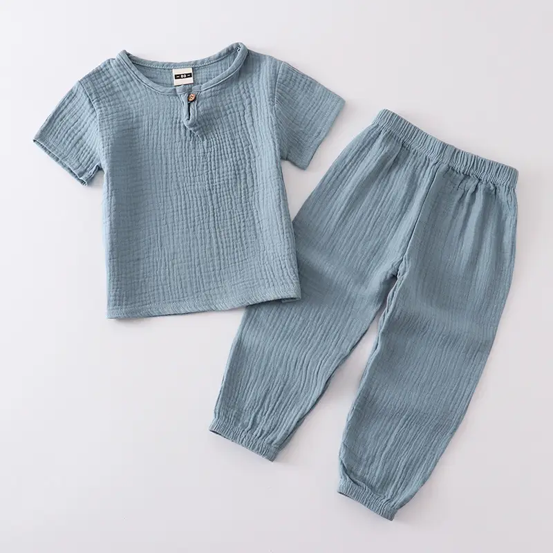 Children Cotton Linen Trouser Set White Button Short Sleeve Ethnic